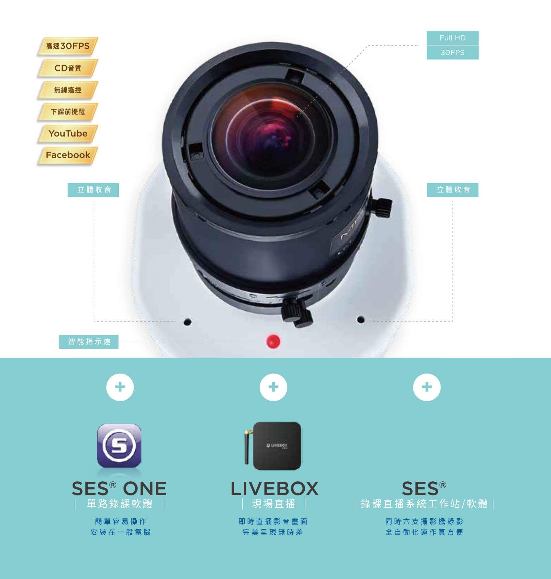 iCam Pro LIVE 攝影機支援 Full HD 高畫質與 30FPS 高速拍攝,內建高品質立體收音模組與智慧三色指示燈提示上課狀態,支援無線遙控與下課前提醒,能與 SES One 錄課軟體、Livebox 即時直播與 SES 錄課系統整合,快速串流至 YouTube 與 Facebook 平台,是課堂拍攝、現場直播與自動錄製的專業影音設備。